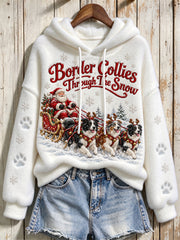Women's Border Collies Through the Snow Christmas Santa Claus & Dogs Print Flannel Hoodie