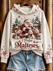 Women's I Prefer Malteses Snowy Christmas Santa Claus & Dogs Print Hoodie
