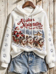 Women's Alaskan Malamutes Through the Snow Christmas Santa Claus & Dogs Print Flannel Hoodie