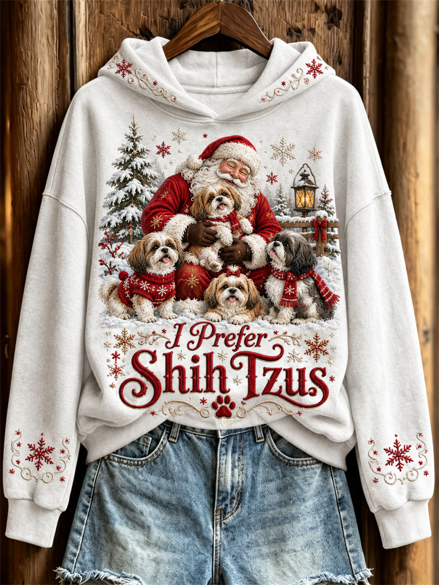 Women's I Prefer Shih Tzus Snowy Christmas Santa Claus & Dogs Print Hoodie