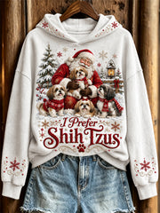 Women's I Prefer Shih Tzus Snowy Christmas Santa Claus & Dogs Print Hoodie