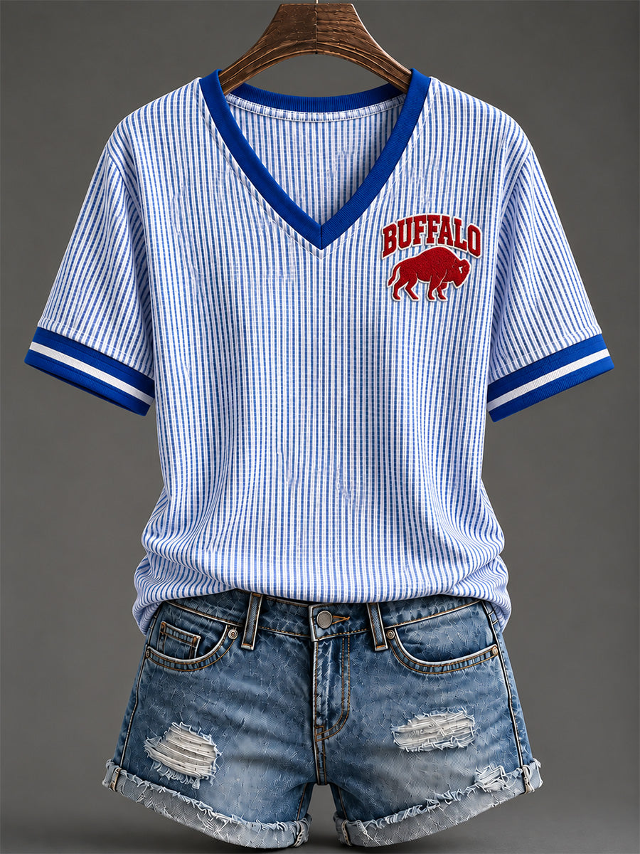 Women's Football Lover Buffalo Print Casual V-Neck Tee