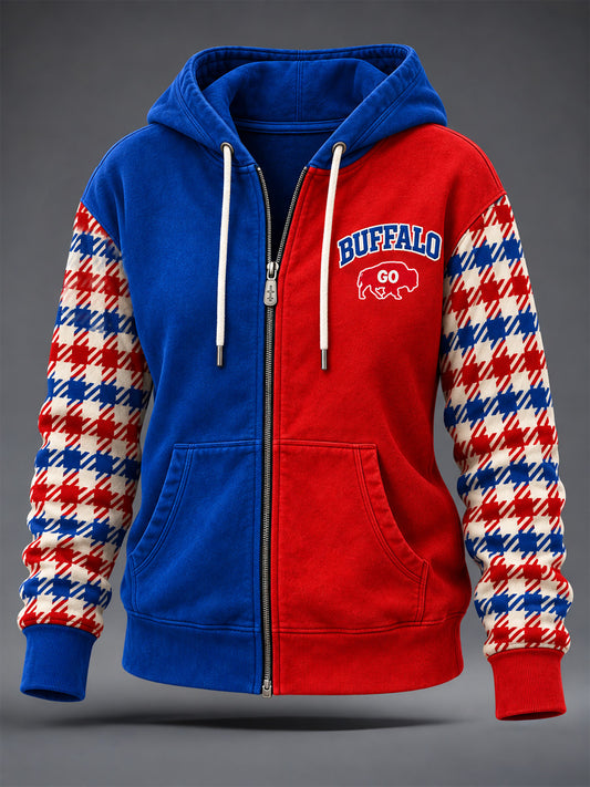 Women's Football Lover Buffalo Print Casual Zip-Up Hoodie