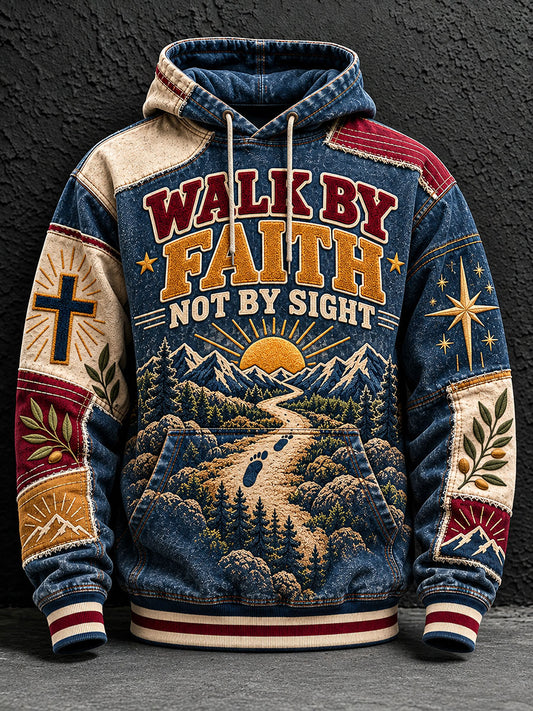 Men's Walk By Faith Not By Sight Print Oversized Drop-Shoulder Hoodie With Pockets