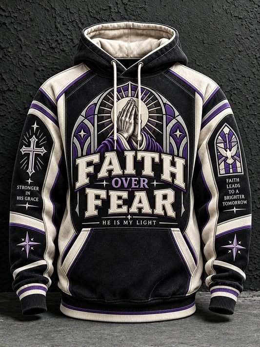 Men's Faith Over Fear Print Oversized Drop-Shoulder Hoodie With Pockets