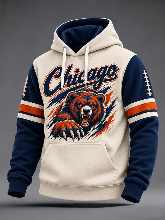 Men's Chicago Football Lover Bear Art Print Oversized Drop-Shoulder Hoodie with Pockets