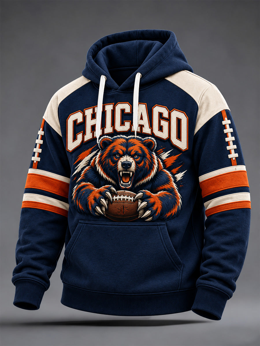 Men's Chicago Football Lover Bear Art Print Oversized Drop-Shoulder Hoodie with Pockets