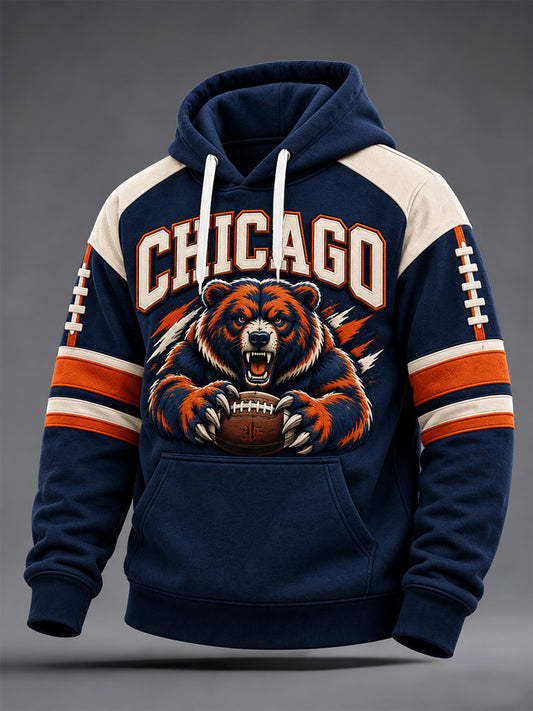 Men's Chicago Football Lover Bear Art Print Oversized Drop-Shoulder Hoodie with Pockets