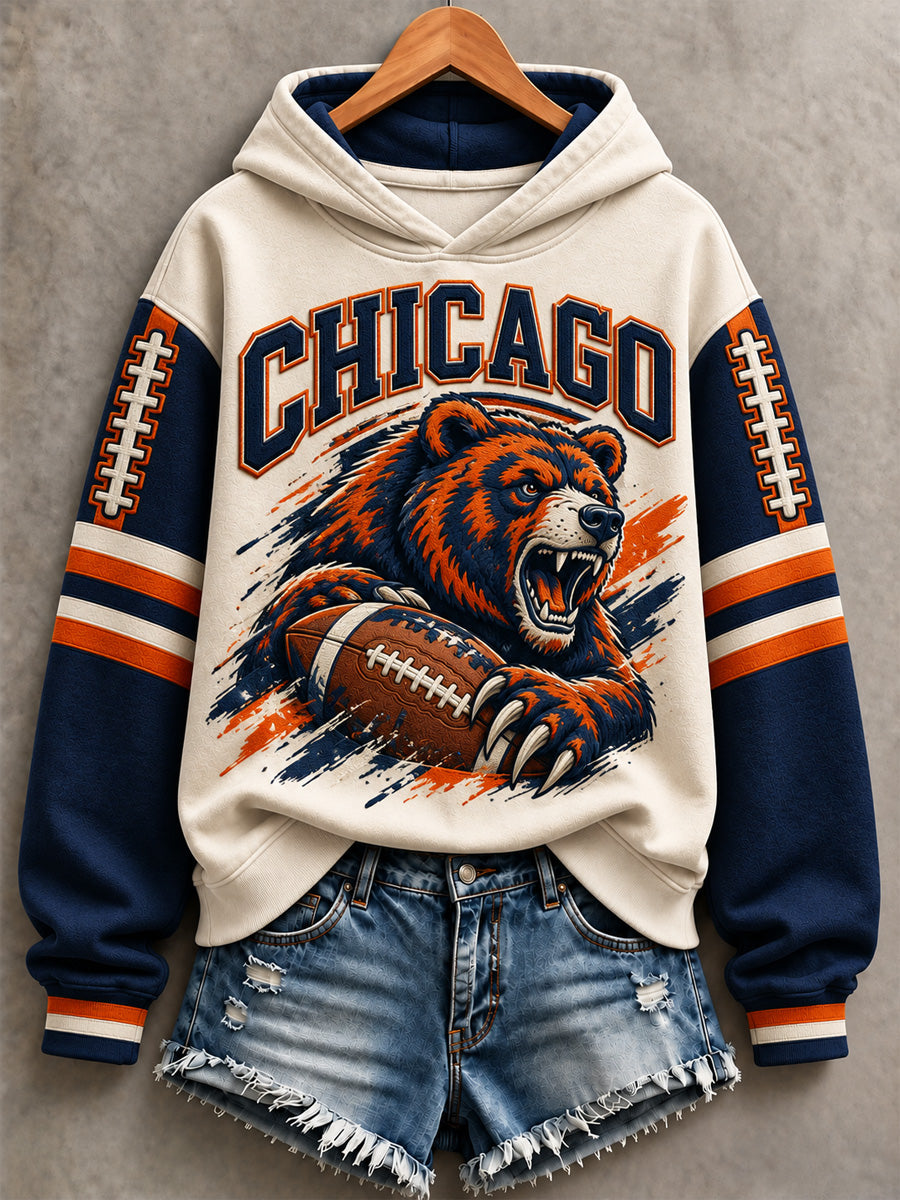 Women's Chicago Football Lover Bear Art Print Hoodies