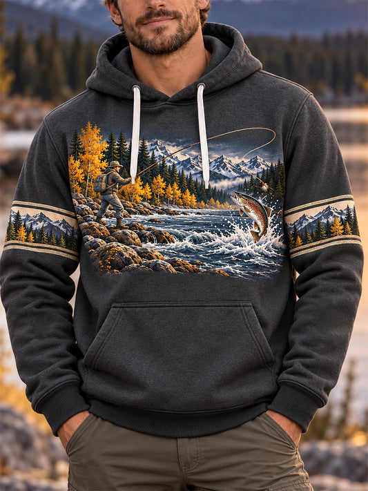 Men's Vintage Wilderness Fishing Print Oversized Drop-Shoulder Hoodie with Pockets