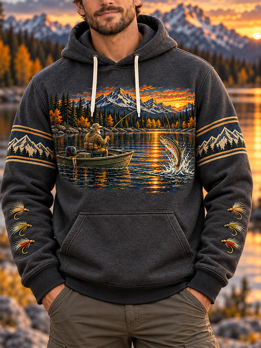 Men's Vintage Wilderness Fishing Print Oversized Drop-Shoulder Hoodie with Pockets