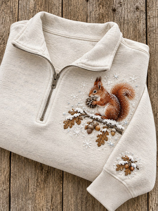 Women's Snowy Winter Forest Squirrel Print Zip Up Sweatshirt