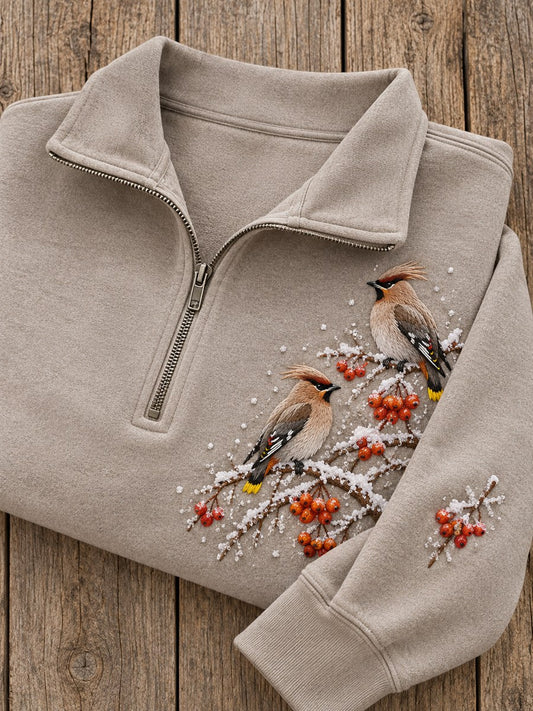 Women's Snowy Winter Bohemian Waxwing Birds on Branches Print Zip Up Sweatshirt