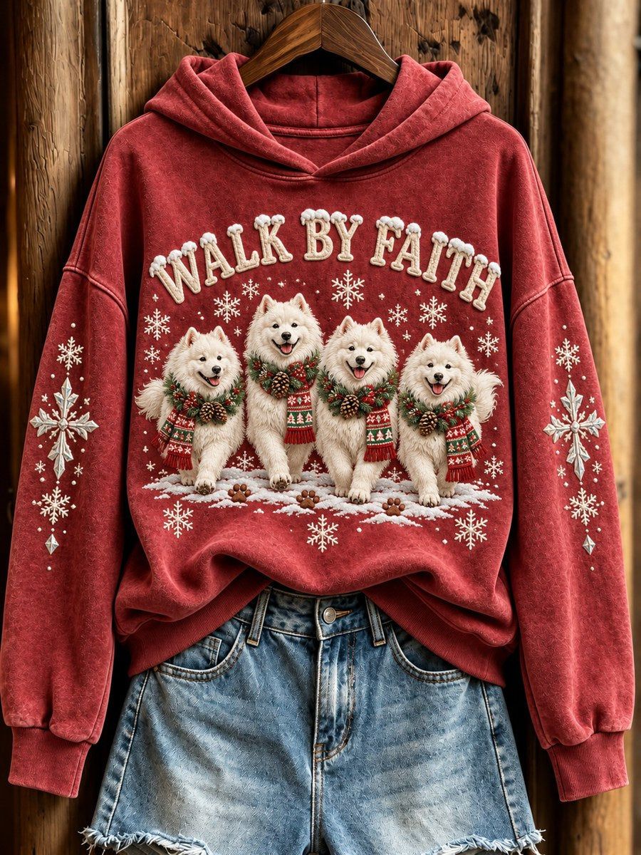 Women's Walk By Faith Christmas Walking Samoyed Dogs & Cross Print Hoodie
