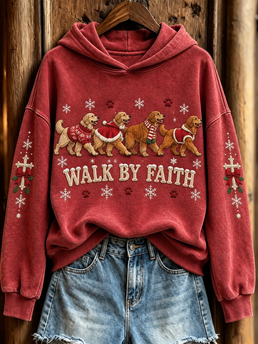 Women's Walk By Faith Christmas Walking Golden Retriever Dogs & Cross Print Hoodie