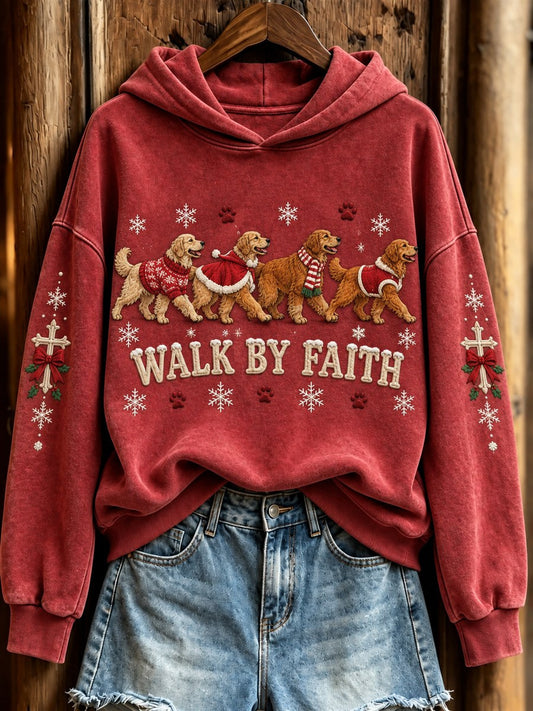 Women's Walk By Faith Christmas Walking Golden Retriever Dogs & Cross Print Hoodie