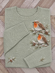 Women's Snowy Winter European Robin Birds on Branches Print crew neck sweater