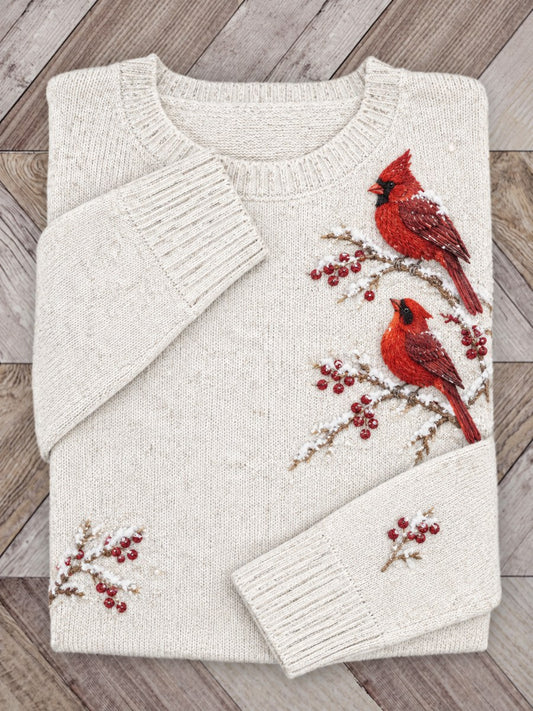Women's Snowy Winter Red Cardinal Birds on Branches Print crew neck sweater
