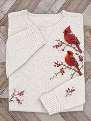 Women's Snowy Winter Red Cardinal Birds on Branches Print crew neck sweater