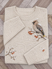 Women's Snowy Winter Bohemian Waxwing Birds on Branches Print crew neck sweater