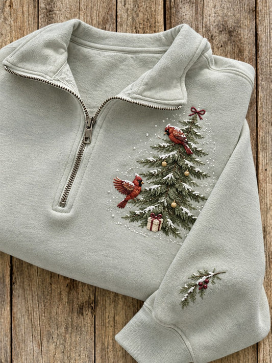 Women's Snowy Winter Christmas Tree & Red Cardinals Print Zip Up Sweatshirt