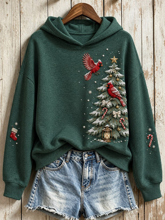 Women's Snowy Winter Christmas Tree & Red Cardinals Print Hoodie