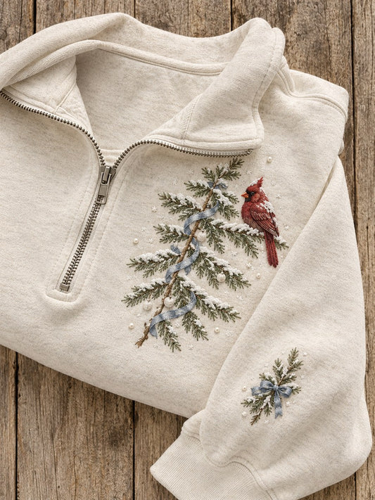 Women's Snowy Winter Christmas Tree & Red Cardinal Print Zip Up Sweatshirt