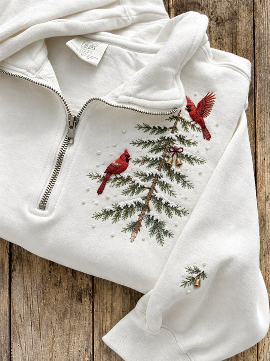 Women's Snowy Winter Christmas Tree & Red Cardinals Print Zip Up Sweatshirt
