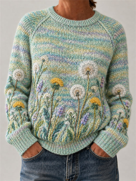 Women's Vintage Classy Dandelion Floral Art Print crew neck sweater