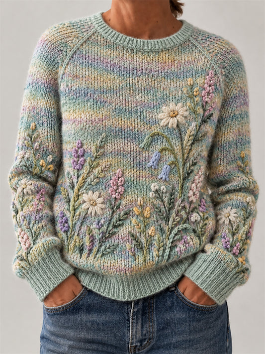 Women's Vintage Classy Wild Floral Art Print crew neck sweater