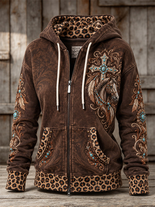 Women's Vintage Western Turquoise Cross & Horse Leopard Print Full Zip Hoodie