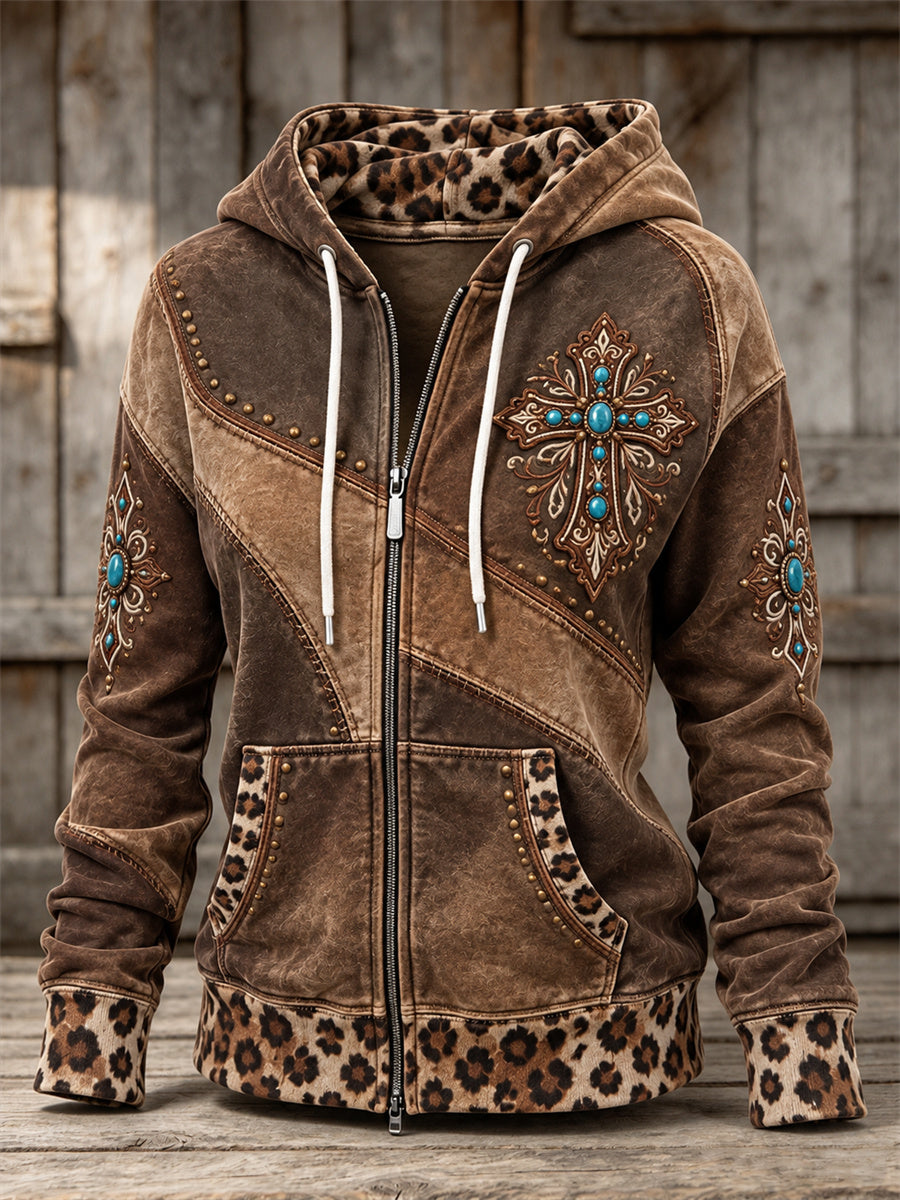 Women's Vintage Western Turquoise Cross Leopard Print Full Zip Hoodie