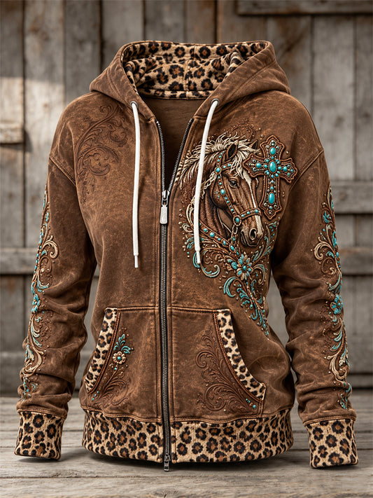 Women's Vintage Western Turquoise Cross & Horse Leopard Print Full Zip Hoodie