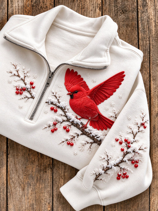 Women's Snowy Winter Red Bird On Branch Print Zip Up Sweatshirt