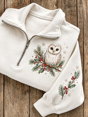 Women's Winter Barn Owl Pattern Casual Half-Zip Sweatshirt