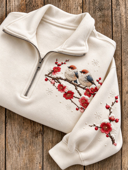 Women's Snowy Winter Two Birds On Branch Print Zip Up Sweatshirt