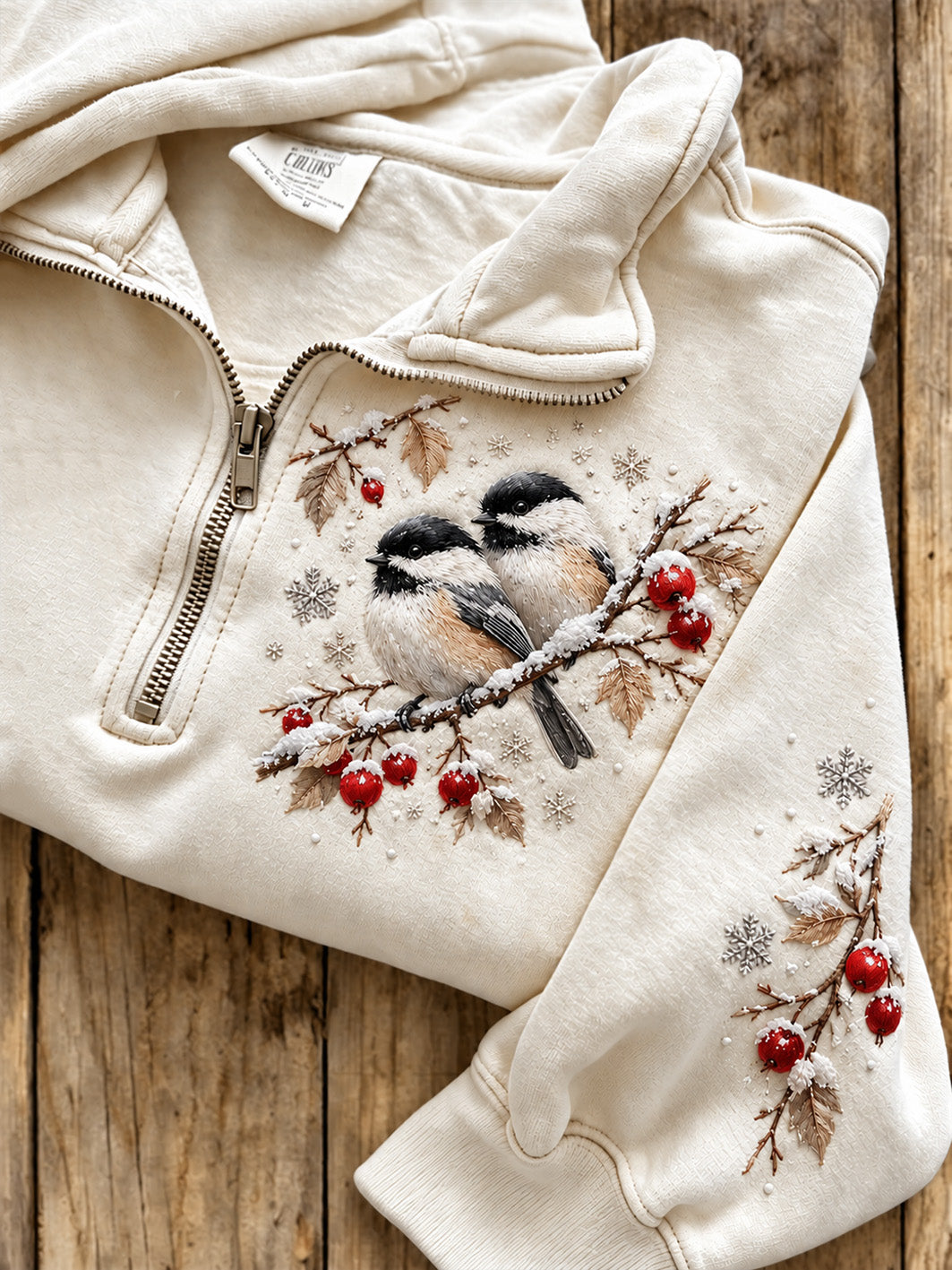 Women's Poecile Atricapillus And Floral Pattern Casual Half-Zip Sweatshirt