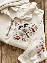 Women's Poecile Atricapillus And Floral Pattern Casual Half-Zip Sweatshirt