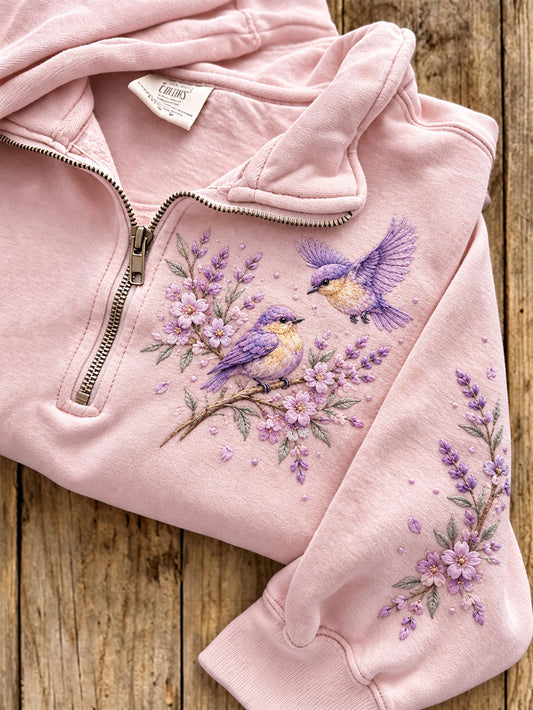 Women's  Eurasian Blue Tit And Flower Pattern  Casual Half-Zip Sweatshirt