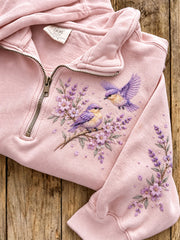 Women's  Eurasian Blue Tit And Flower Pattern  Casual Half-Zip Sweatshirt