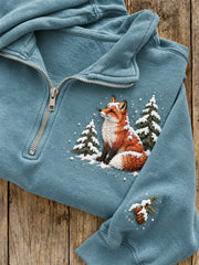 Women's Snowy Winter Forest Fox Print Zip Up Sweatshirt