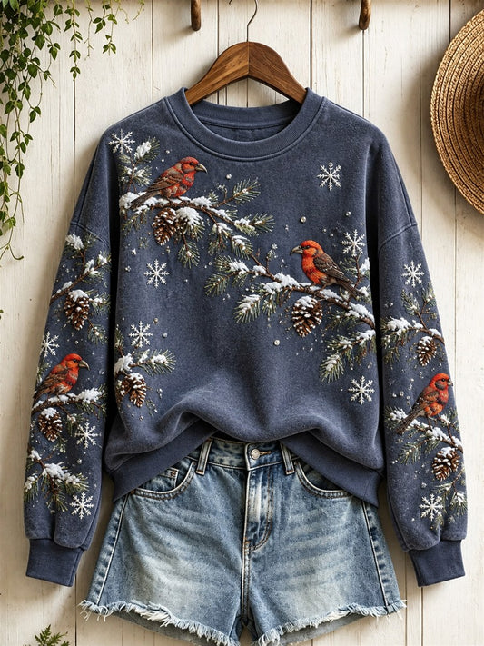 Women's Snowy Winter Red Crossbill Birds on Branches Print Sweatshirt