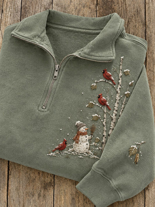 Women's Snowy Winter Snowman & Red Cardinals Print Zip Up Sweatshirt