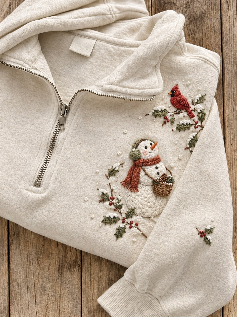 Women's Snowy Winter Snowman & Red Cardinal Print Zip Up Sweatshirt