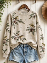 Women's Snowy Winter Goldcrest Birds on Branches Print Sweatshirt