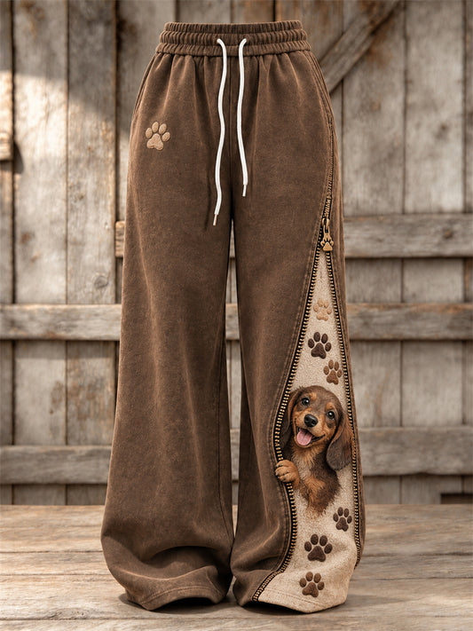 Women's Peeking Dachshund Dog & Paw Prints Zipper Contrast Print Wide Leg Sweatpants