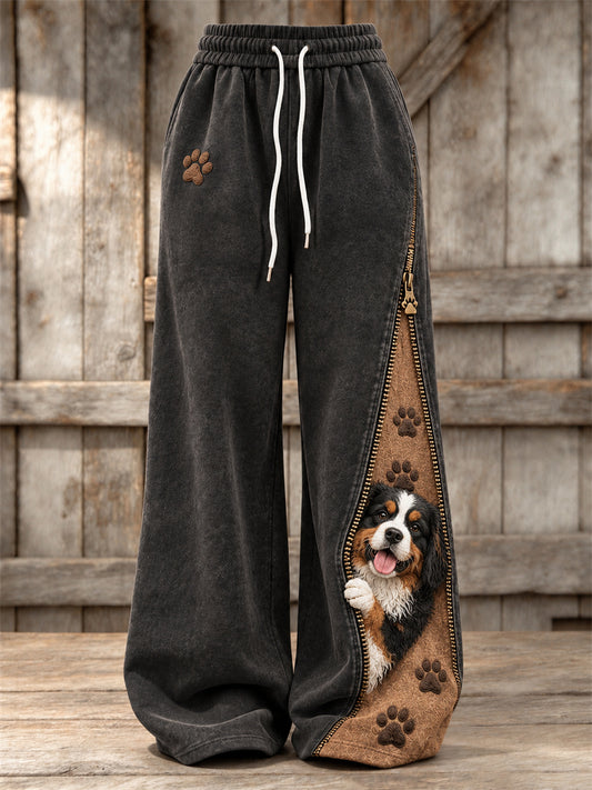 Women's Peeking Bernese Mountain Dog & Paw Prints Zipper Contrast Print Wide Leg Sweatpants