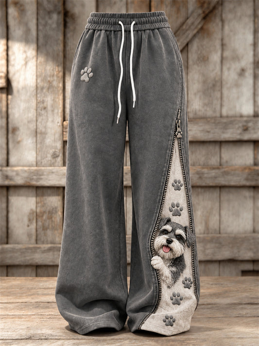 Women's Peeking Schnauzer Dog & Paw Prints Zipper Contrast Print Wide Leg Sweatpants