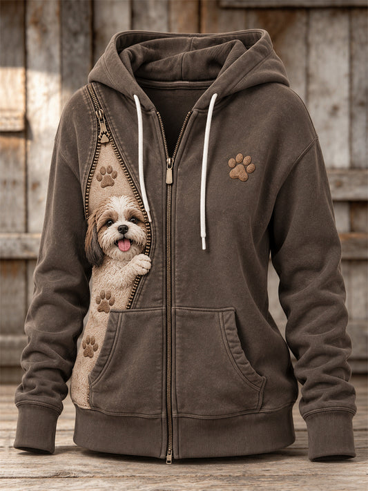 Women's Peeking Shih Tzu Dog & Paw Prints Zipper Contrast Print Full Zip Hoodie