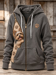 Women's Peeking Yorkie Dog & Paw Prints Zipper Contrast Print Full Zip Hoodie